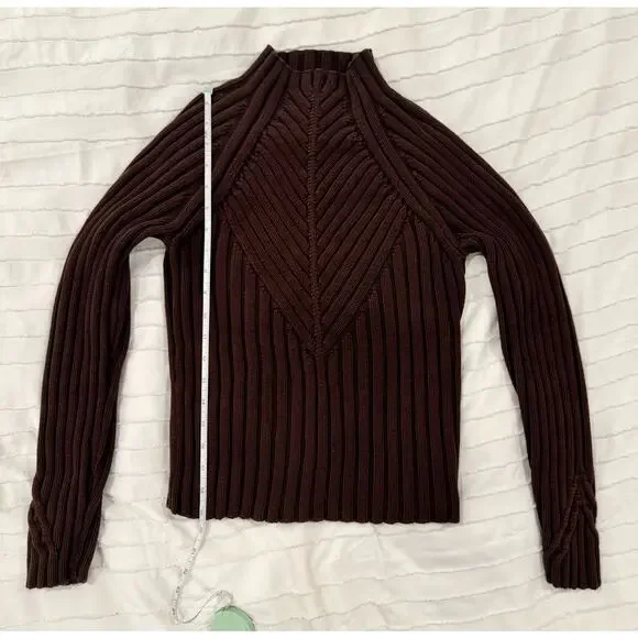 Ribbed Mock Neck Sweater Women's Small Brown Cotton Dark Academia Minimalist - Picture 4 of 16